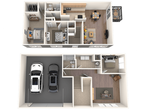 a 3d rendering of a house and a floor plan with a car and a